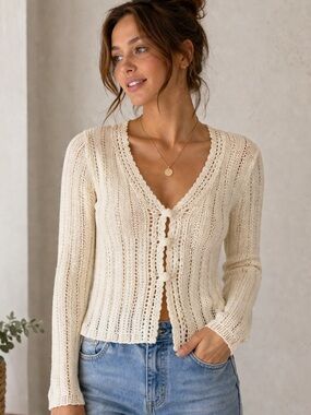 Feelings Cream Knit Cardigan Open Front Tie Boho Lightweight Crochet Cottagecore